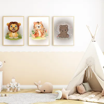 Produktbild von Löwe Tiger Bär Safari Bilder 3er Set DIN A4 Kinderzimmer Wandbilder Babyzimmer Poster Dekoration