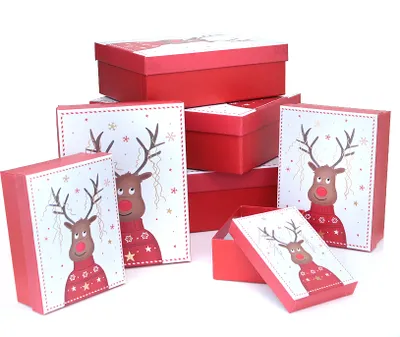 Produktbild von Geschenkboxen Geschenkkarton Weihnachten Geschenkverpackung Rentier 7-er Set rot-weiß