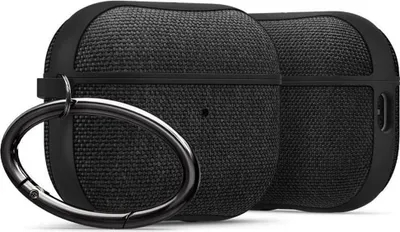 Two black AirPods Pro cases are shown side-by-side against a white background. A black carabiner clip is attached to the front case.