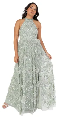 Produktbild von Maya Deluxe Damen Maxikleid, Damen, Halstuch-Ausschnitt, ärmellos, Salbeigrün, mit Pailletten