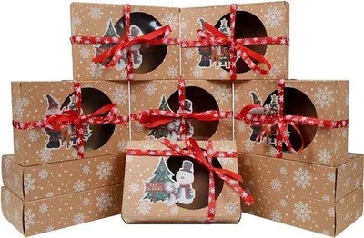 Image de Boîtes en carton avec fenêtre, pour l'emballage de gâteaux, de biscuits et de confiseries, avec papier sulfurisé et rubans, idéales pour les cadeaux de fête