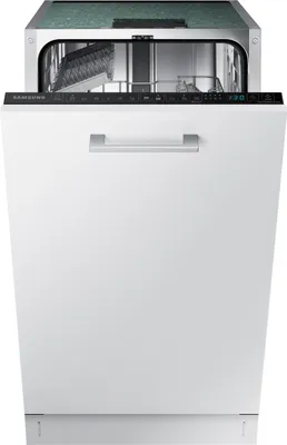 A white Samsung dishwasher with its door open, revealing the interior racks.
