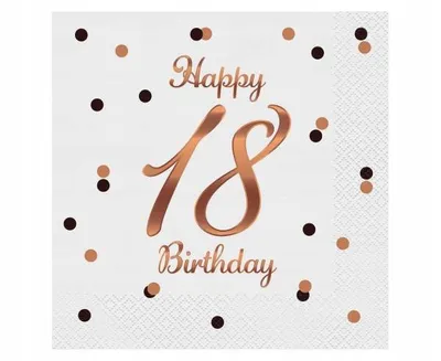 Zdjęcie produktu dla Serwetki urodzinowe Happy 18 Birthday białe, rose gold 33cm, 20 szt.