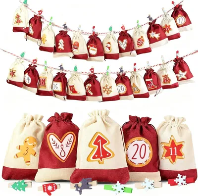 Image de Calendrier de l'Avent à remplir, en tissu, avec 24 décorations de Noël (6 couleurs x 4), des autocollants de Noël et du cordon. Idéal pour l'emballage de cadeaux de Noël