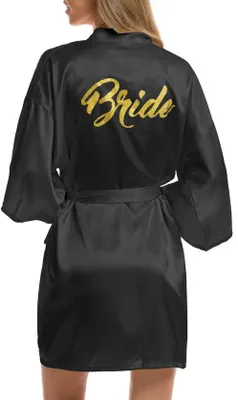 Produktbild von Satijnen Bruidskamerjas Kimono Badjas für Braut & Brautjungfrauen V-Hals Damenjacke mit Riemen (M, Schwarz)