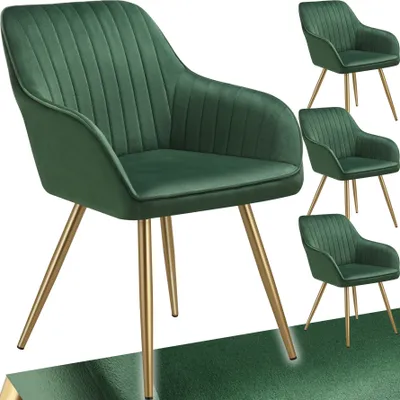 A collage of green velvet dining chairs with gold legs against a white background.