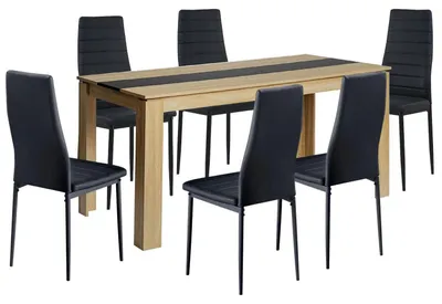 Produktbild von Esstischgruppe mit 6 Stühlen, Rechteckiger Holztisch 160x80cm, 6 schwarze Kunstleder-Stühle