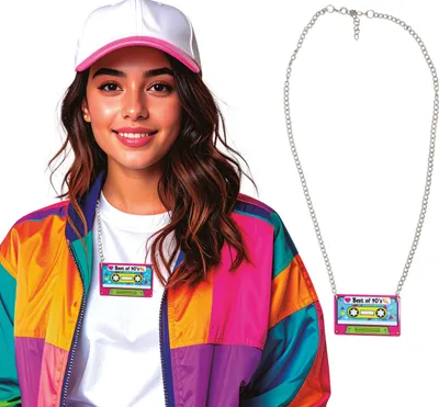 Produktbild von Disco Vibes Kassetten Anhaenger Halskette Retro Look Karneval Accessoire Vintage Stil 90er Jahre Party Schmuck Machen Sie Eine Zeitreise, Farbe: Mehrfarbig