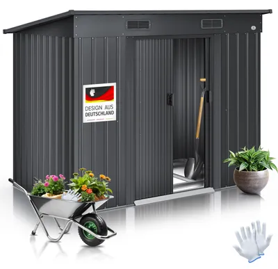 Produktbild von KESSER® - Gerätehaus L Metall 4 m³ mit Fundament | 194x112x181 cm | 2x Schiebetür & Fundament | Geräteschuppen | Gartenhaus Schrank | Pultdach Garten Schuppen | Inkl. Arbeitshandschuhe