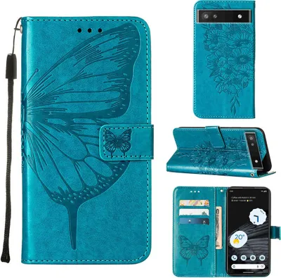 Produktbild von Google Pixel 7 Hülle, Schmetterling Prägung Flip Leder Kartenfächer Schutzhülle Ledertasche mit Ständer für Google Pixel 7 Blau