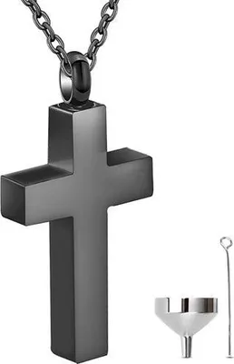 Image de Pendentif de luxe pour cendres avec chaîne (55 cm) pour les cendres, les cheveux ou le parfum - Bijoux commémoratifs avec aide au remplissage des cendres et sac de rangement - Cross Black
