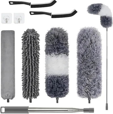 Produktbild von Mikrofaser-Federbesen – Set für Reinigungsarbeiten – Ideal für schwer zugängliche Stellen – Teleskopstiel – bis zu 250 cm – Grau