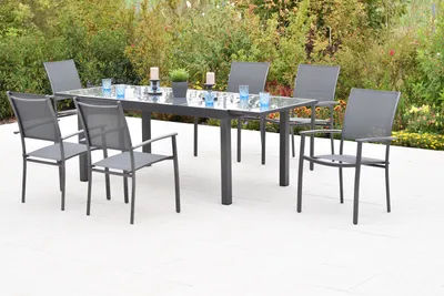 Produktbild von Merxx "Milano" Set 7tlg., 6 Stapelsessel, Ausziehtisch 150 (210) x 90 cm, grau, Aluminium/Textil