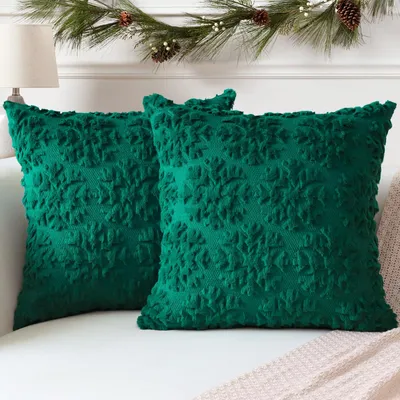 Produktbild von Set mit 2 Kissenbezügen aus weicher Wolle, kurzem Samt, dekorative Weihnachtskissen für Sofa und Schlafzimmer, schneeweiß grün, 70 x 70 cm