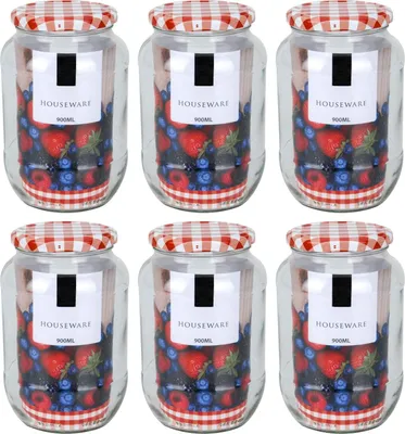 Image de Lot de 12 bocaux en verre avec couvercle à carreaux - 370 ml - parfaits pour conserver de la confiture