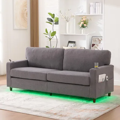 Produktbild von MODFU Elegantes Zweisitzer-Sofa Chaiselongue Relaxsofa mit USB-C-Anschluss und LED-Ambiente,Loungesofa mit Integrierte Seitentaschen,Hellgrau