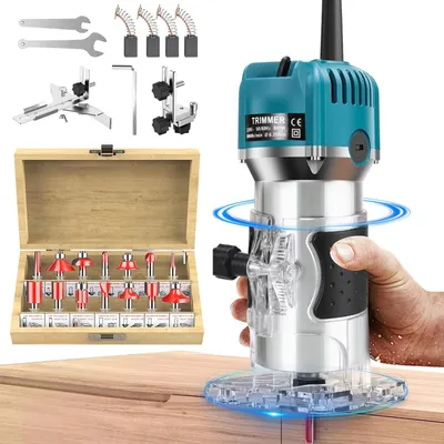 Obrázek produktu pro Horní frézka / frézka na hrany – výkon 800 W – otáčky 30 000 ot./min – upínací kleština 6,35 mm – AC 50 Hz – s 15 frézami