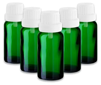 Produktbild von 5x Grüne Glasflasche 20 ml mit weißem Tropfeinsatz - leer zum Befüllen