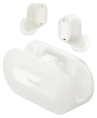 A pair of white wireless earbuds and their charging case are displayed against a white background.