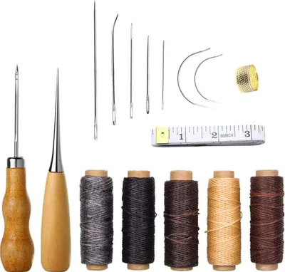Image de Topchances Outils à main pour le cuir, set de 16 aiguilles et fils avec aiguilles à coudre manuelles, alêne de perçage, fil ciré et dé à coudre