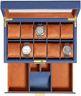Produktbild von Leder Uhrenbox, 10 Fächer, luxus mit Schublade, verschließbar, blau/braun