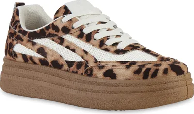 Produktbild von VAN HILL Damen Plateau Sneaker Schnürer Bequeme Freizeit Schuhe 841519, Farbe: Hellbraun Leo, Größe: 37