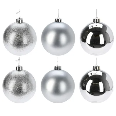 Produktbild von 6 x Weihnachtskugeln aus Kunststoff Ø 14 cm silber -matt+glanz+glitzer wetterfest für Innen und Außen - Christbaumkugeln – Weihnachtsbaumkugeln