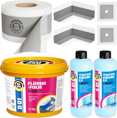 Produktbild von Dichtset Flüssigfolie 12kg Dichtband 10m Dichtecken Manschetten Tiefengrund H29