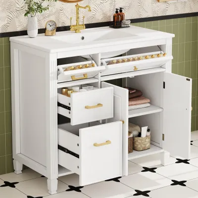 Produktbild von Flieks freistehender Waschtisch mit integriertes Keramikbecken, Waschtisch für das Badezimmer, Aufbewahrungsschrank 91.5x46.5x87cm, Weiß
