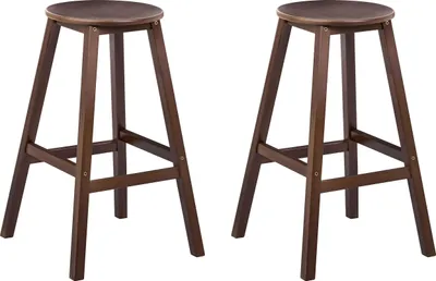 Produktbild von BELIANI Barhocker 2er Set Dunkelbraun Bambusholz 65 cm hoch ohne Lehne mit Fußstütze Runde Sitzfläche Klassischer Holzhocker Sitzhocker Bambushocker