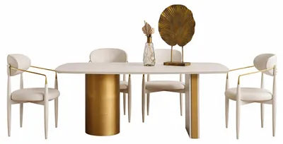 Produktbild von Elegantes Esszimmer-Set mit Tisch und 4 Stühlen in Weiß und Gold