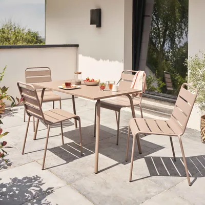 Produktbild von Metall-Gartentisch-Stuhl mit 4 taupefarbenen Stühlen - Oviala Palavas