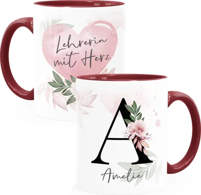 Produktbild von Kaffee-Tasse mit Name und Spruch mit Herz Initiale Monogramm Dankeschön personalisierte Geschenke SpecialMe® Lehrerin bordeauxrot Keramik-Tasse