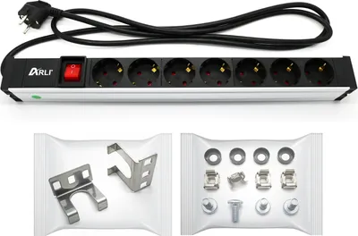 A power strip with multiple outlets and accessories, presented on a white background.