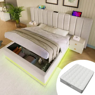 Produktbild von MODFU Doppelbett mit Matratze 180x200 Polsterbett mit Integrierte Ladefunktion und LED-Lichtleiste mit Steuerung,Stauraumbett mit 3 mittleren Stützbeinen,ohne Nachttisch,Beige