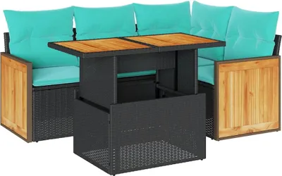 Image de vidaXL Ensemble de salon de jardin 5 pièces avec coussins Noir Poly rotin Acacia