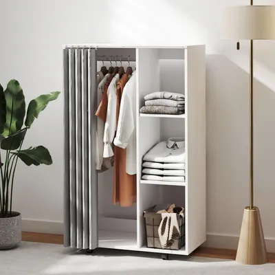 Image de Armoire ouverte – Garde-robe mobile avec roulettes – Étagères et barre de suspension – 80x40x128 cm – Blanc