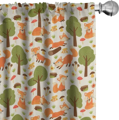 Produktbild von ABAKUHAUS Fuchs Vorhänge, Gardinen, Tier-Illustration mit Füchsigem pilzt Blumen und im Frühjahr Wald der Schmetterlinge, 2 Stück 75 x 225 cm, Mehrfarbig