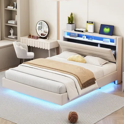 A modern bedroom with a bed, dressing table, and shelves.