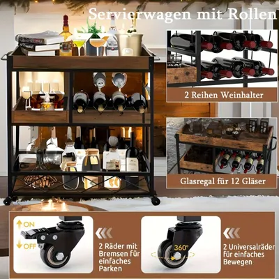 Immagine prodotto di Carrello bar industriale vintage con portabottiglie e portabicchieri – Carrello da cucina mobile – 85x40x90 cm