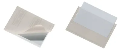 Two transparent self-adhesive pockets are shown against a white background. The pocket on the left has its backing peeled back, revealing a reflective surface. The pocket on the right is shown with its backing intact.