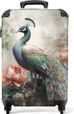 Obrázek produktu pro NoBoringSuitcases.com® Kufr Příruční zavazadlo Kufr na kolečkách Malý cestovní kufr na 4 kolečkách - Peacock - Peacock feathers - Bird - Jungle - Flowers - Cabin Size < 55x40x23 cm & 55x40x20 cm - Foto kufr - Cabin suitcase - Board luggagePříruční zavazadlo Kufr 55x35x20 cm, 36L,