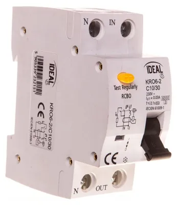 Imagen del producto de Interruptor diferencial 2P, curva C, 10A, corriente de disparo 0,03A, tipo AC, modelo KRO6-2/C10/30, referencia 23215