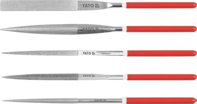 Zdjęcie produktu dla Yato Zestaw pilników iglaków diamentowych 180x70mm 5 szt., Zestaw pilników, Płaski dokument, Półokrągły dokument, Okrągły dokument, Kwadratowy dokument, Pilnik trójkątny, Metal, Stal niestopowa, Plastik, Czerwony