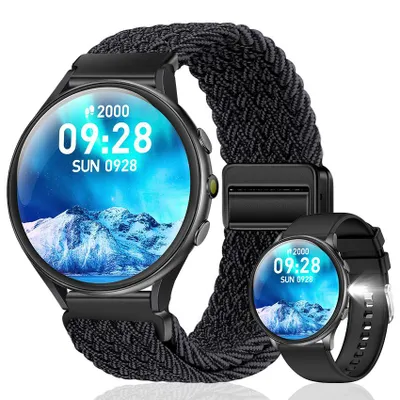 Produktbild von Smartwatch 1,46 Zoll HD Touchscreen mit Bluetooth-Anrufen, Taschenlampe, AI Sprachassistent, Herzfrequenz- & Schlafmonitor, 2 Armbänder -Schwarz