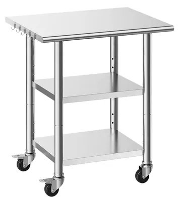 Produktbild von Gastro Arbeitstisch aus Edelstahl - Rollbarer Vorbereitungstisch - 76,2 x 61 x 86,4 cm - 3 Ebenen - Höhenverstellbare Ablagen - Tragkraft bis 227 kg - Silber