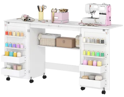 Produktbild von HOMCOM Klappbarer Nähtisch mit 2 Magnettüren und 4 Boxen, Weiß