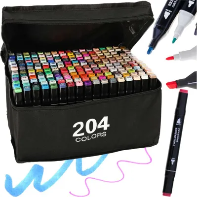 A black carrying case filled with a large assortment of colorful markers, with some individual markers shown on the right side of the image.