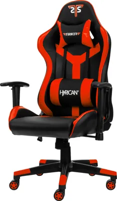 A black and red gaming chair is shown against a white background.