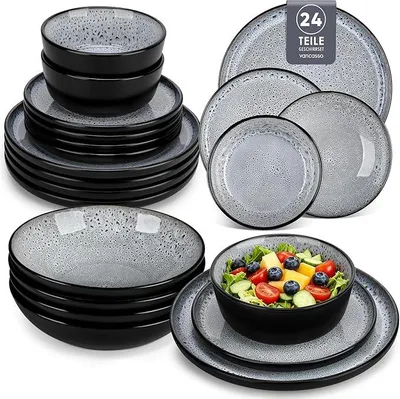 Imagen del producto de Conjunto de vajilla Silecomplaza Steingut, 24 piezas, juego de mesa para 6 personas, color gris, que incluye platos principales, platos de sopa, platos de postre, cuencos, vajilla moderna para el comedor, elegante juego de mesa combinado para 6 personas